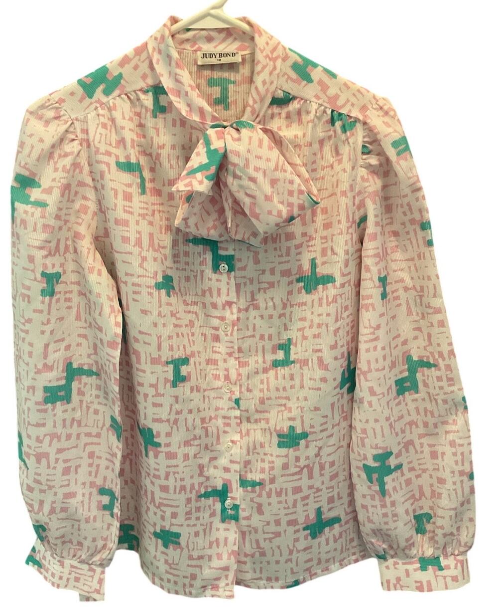 Vintage 80s Judy Bond Pink White Long Puffy Sleeves Band Collar Blouse, Size-10